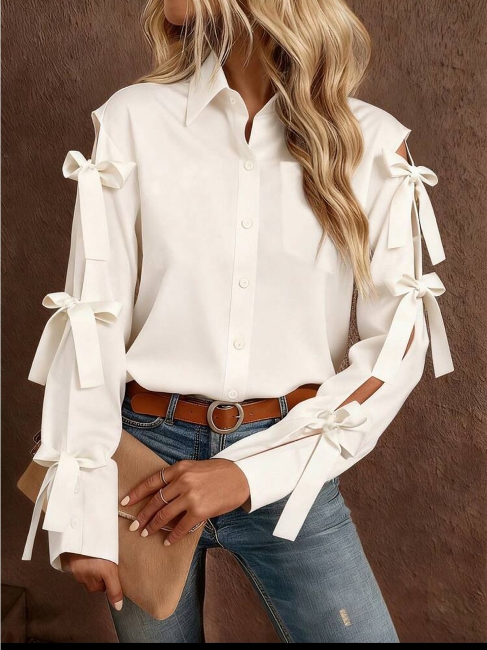 Classic Bow Tie Cutout Long Sleeve Button Down Up Shirt Top Blouse